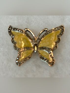 Vintage Avon Cream Yellow Enamel Butterfly Marcasite Brooch “Whispering Wings”